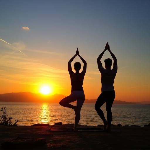A person practicing yoga at sunrise, promoting relaxation and stress relief