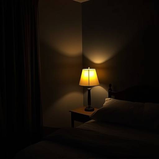 Bedroom with dark curtains, comfortable bed, and bedside lamp providing a calming atmosphere