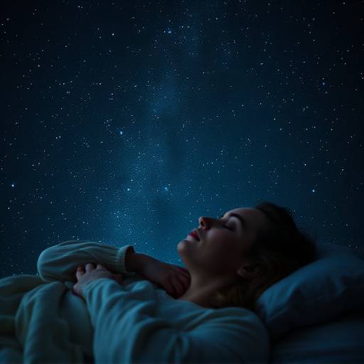 Woman sleeping peacefully in a dark room with stars projected on the ceiling